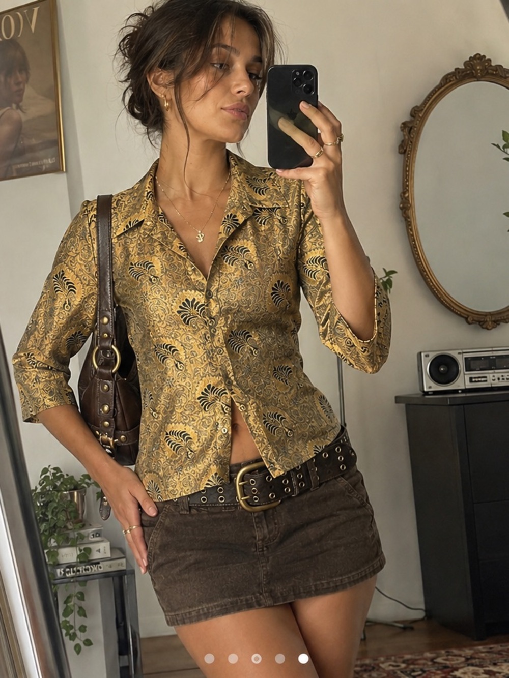 YANSI FUGEL Designer Metallic Gold Paisley Blouse Button Down 3/4 Sleeve L VGT